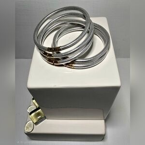 Set of 5 Plastic Silver Tone Bangle Bracelets with Gold Accents